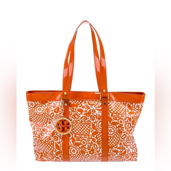 Tory Burch Coated Canvas Floral Orange and White Tote - Picture 1 of 9